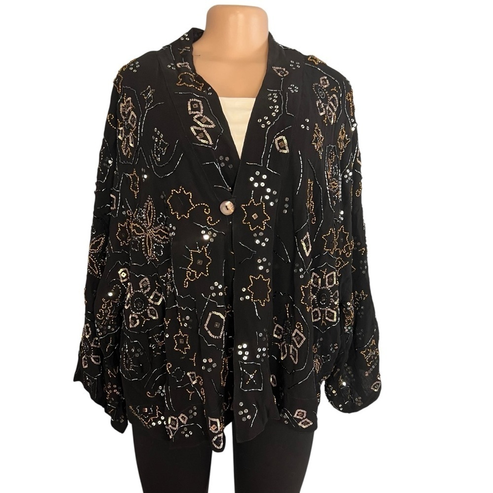 Chico's Vintage Embellished Sequin Beaded Jacket Black